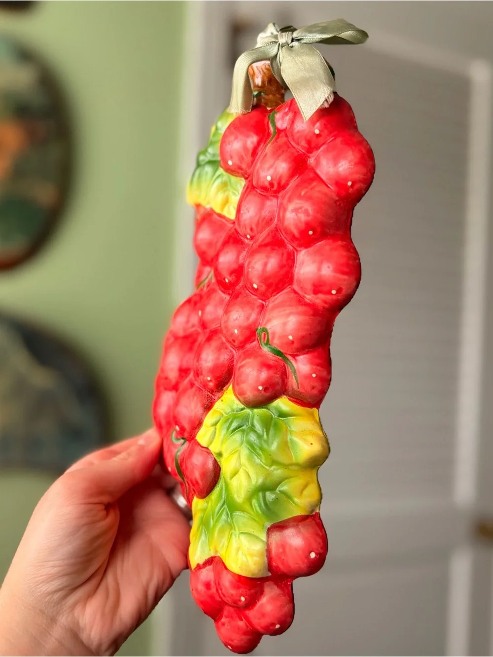 Vintage Rustic Ceramic Red Cherry Cluster Wall Hanging with Green Leaves